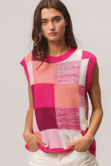 BiBi Color Block Round Neck Sweater Vest - Fuchsia Combo, L image