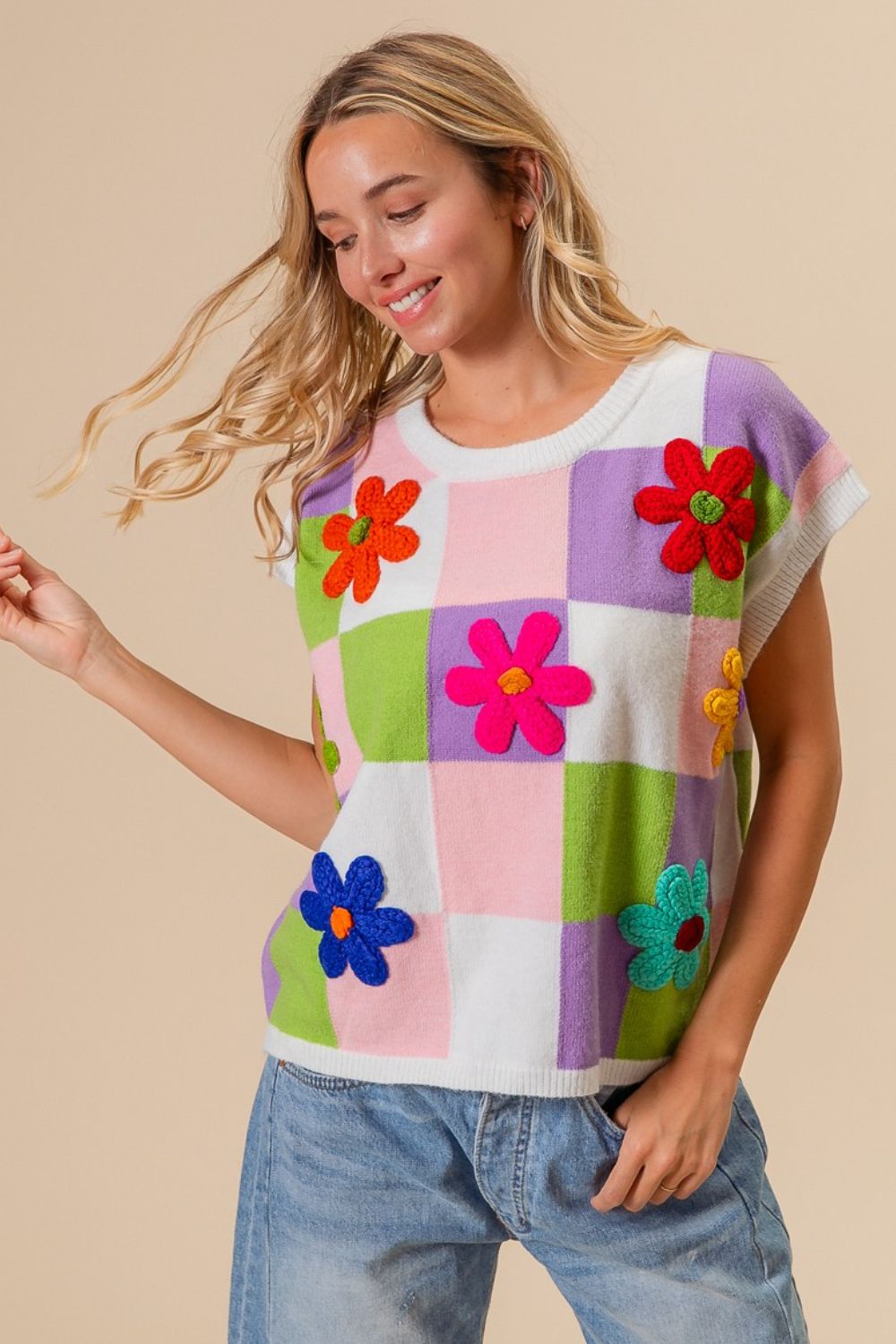 BiBi Flower Patch Checkered Sweater Vest image 1