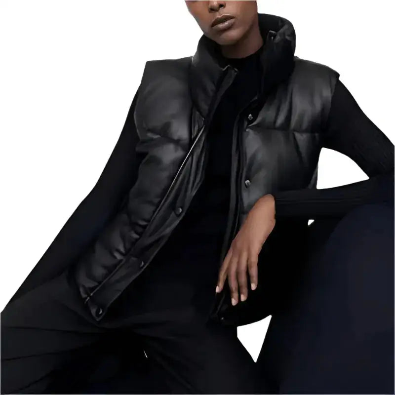 Women’s Black Leather Puffer Vest image 1