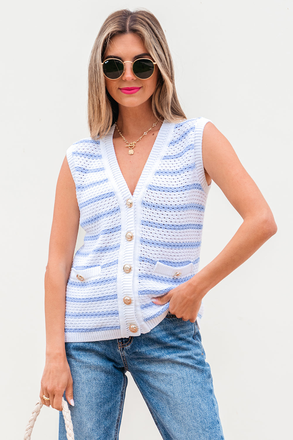 Veda V Neck Gold Buttons Elegant Sweater Vest - Sky Blue Stripe, XL - 16/18 image