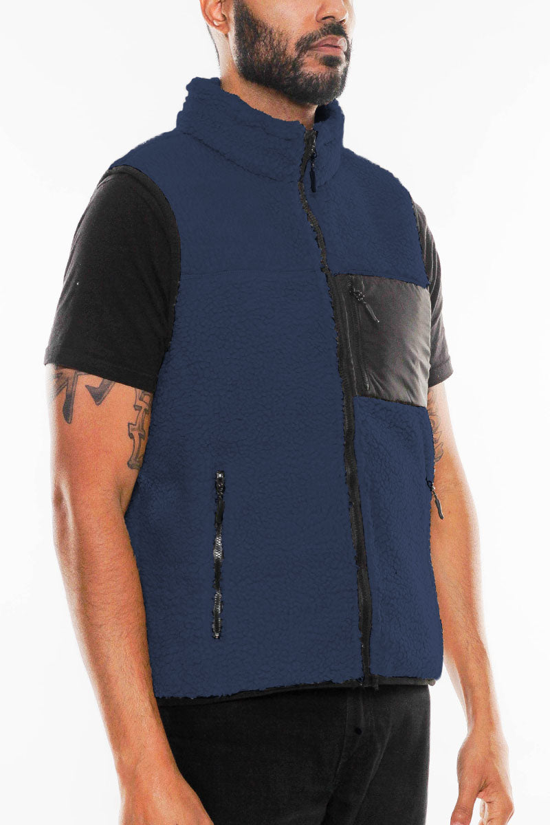 Sherpa Full Zip Vest with Chest Zipper Pocket - Navy, XL image