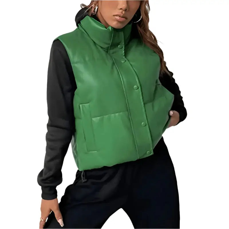 Women's Green Puffer Leather Vest image 1