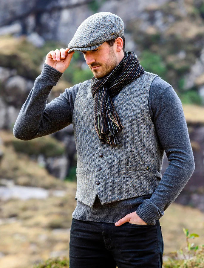 Irish Wool Tweed Herringbone Grey Waistcoat Vest