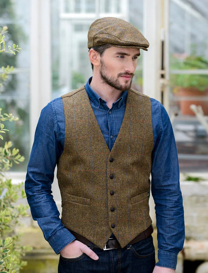 Irish Wool Tweed Herringbone Brown Waistcoat Vest
