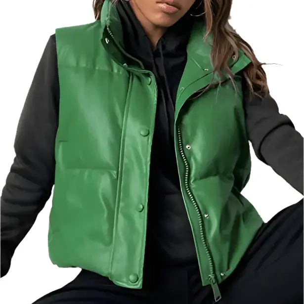 Women's Green Puffer Leather Vest image 2