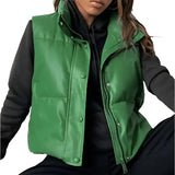 Women's Green Puffer Leather Vest image 2