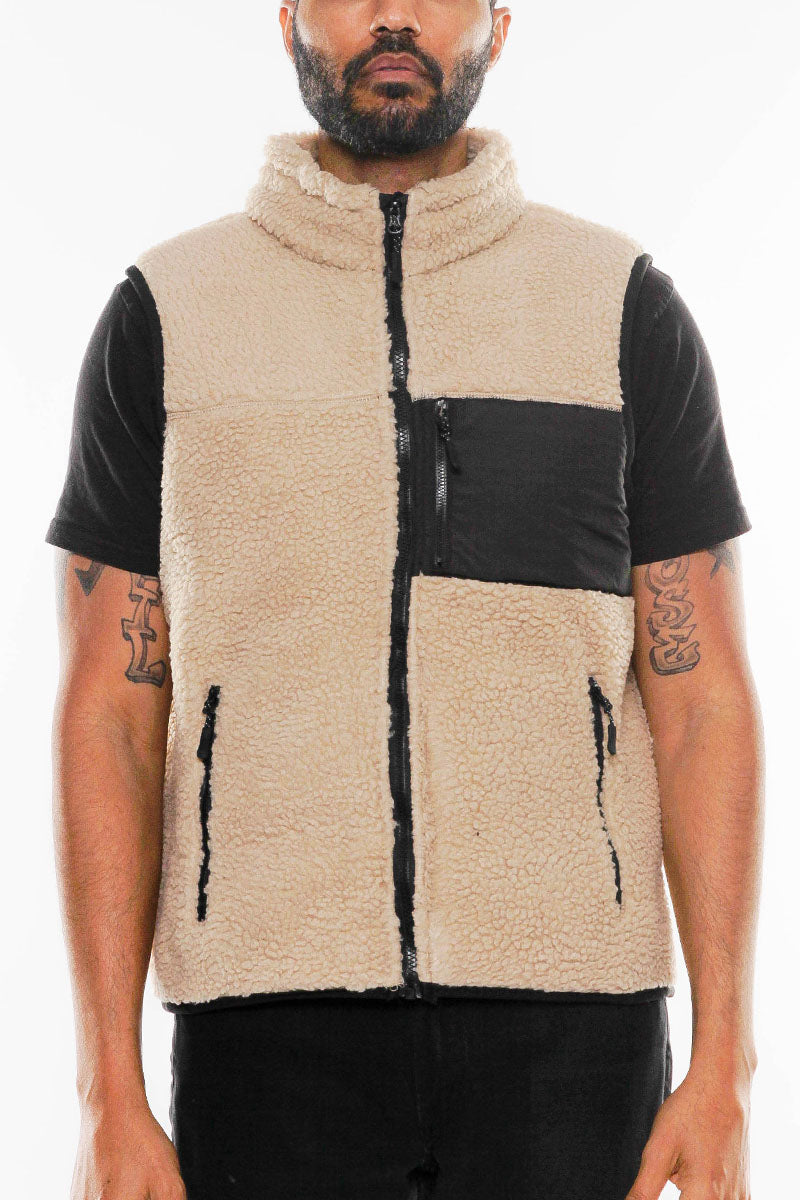 Sherpa Full Zip Vest with Chest Zipper Pocket - Beige, XL image