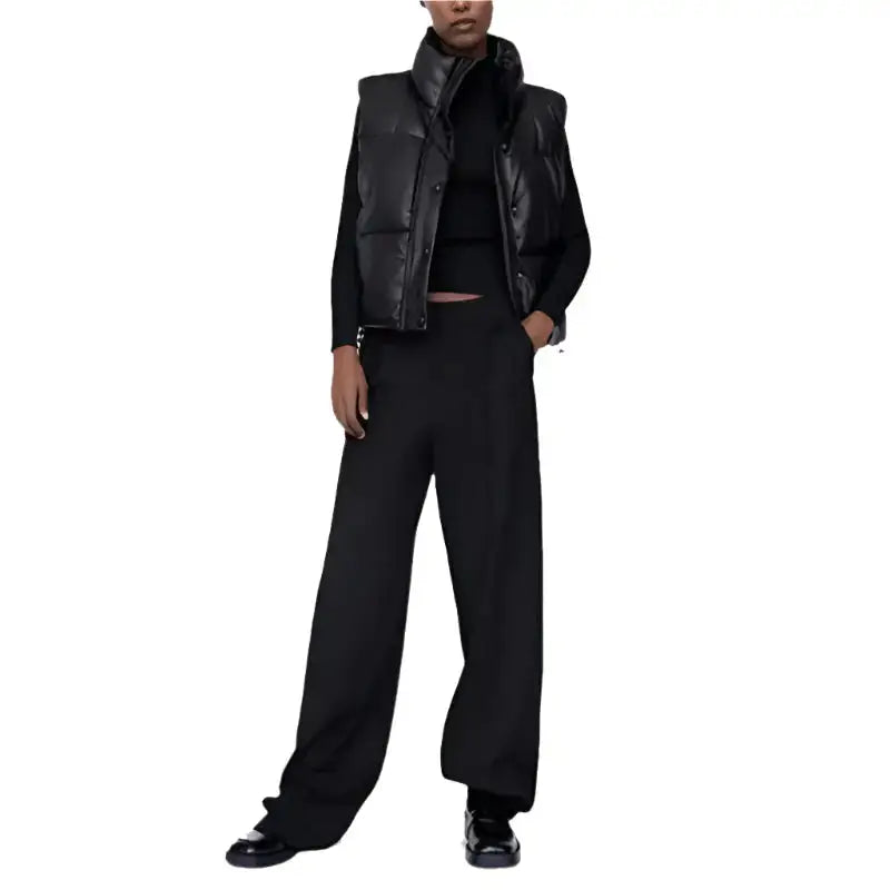 Women’s Black Leather Puffer Vest image 2