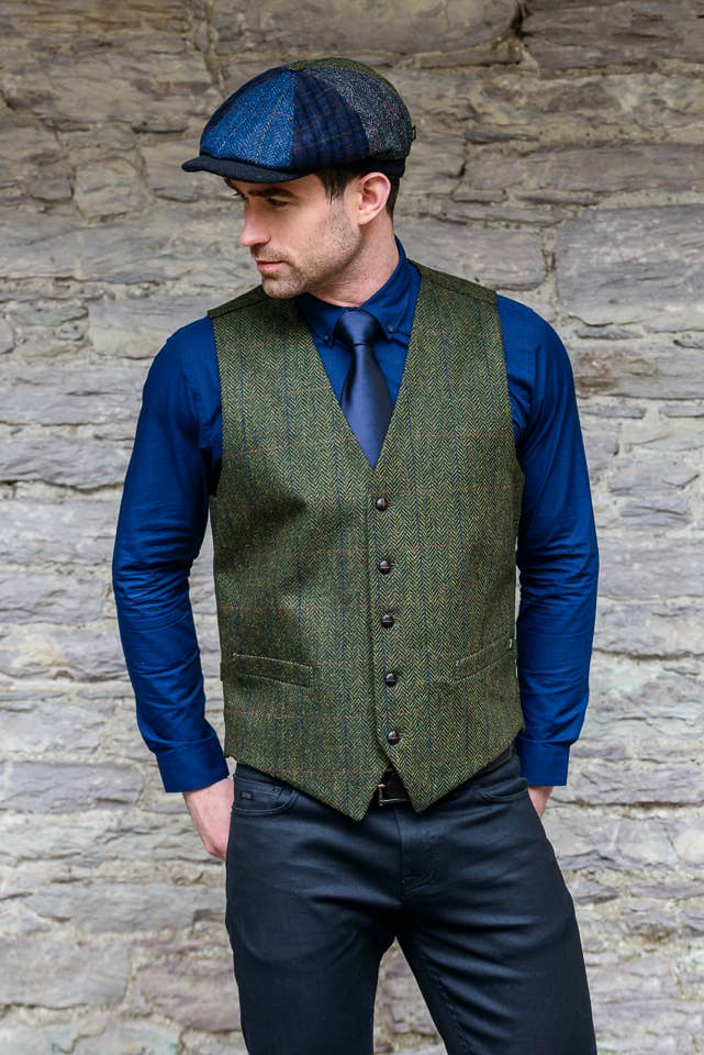 Irish Wool Tweed Herringbone Green Waistcoat Vest