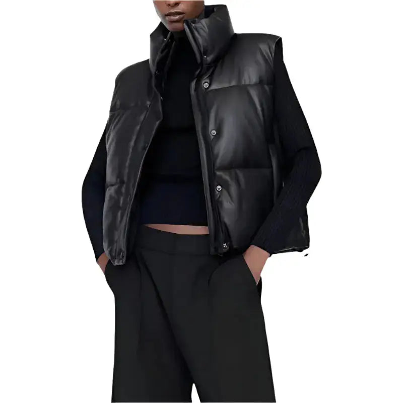 Women’s Black Leather Puffer Vest image 0