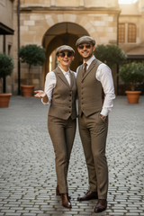 we should see their faces. no sport coats. vests should be the most outer layer of torso clothing